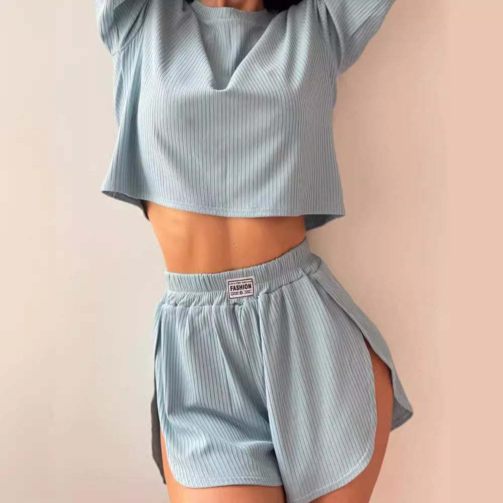 Damen lässiges Short-Pyjama-Set aus atmungsaktiver Rippstruktur WW