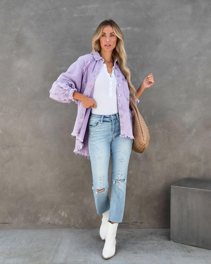 Damen lässige Overshirtjacke aus leichtem Denim mit fransigen Details WW