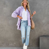 Damen lässige Overshirtjacke aus leichtem Denim mit fransigen Details WW