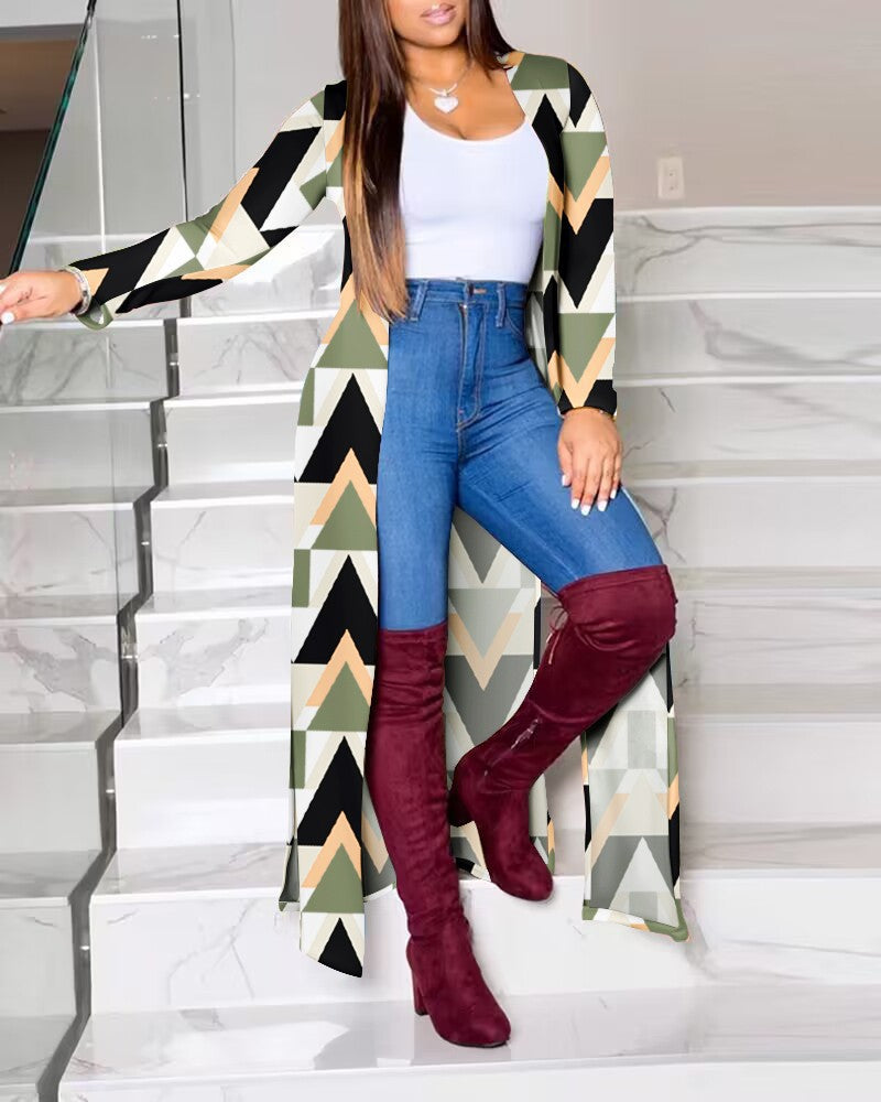 Damen Lange Strickjacke mit modernem grafischem Muster WW