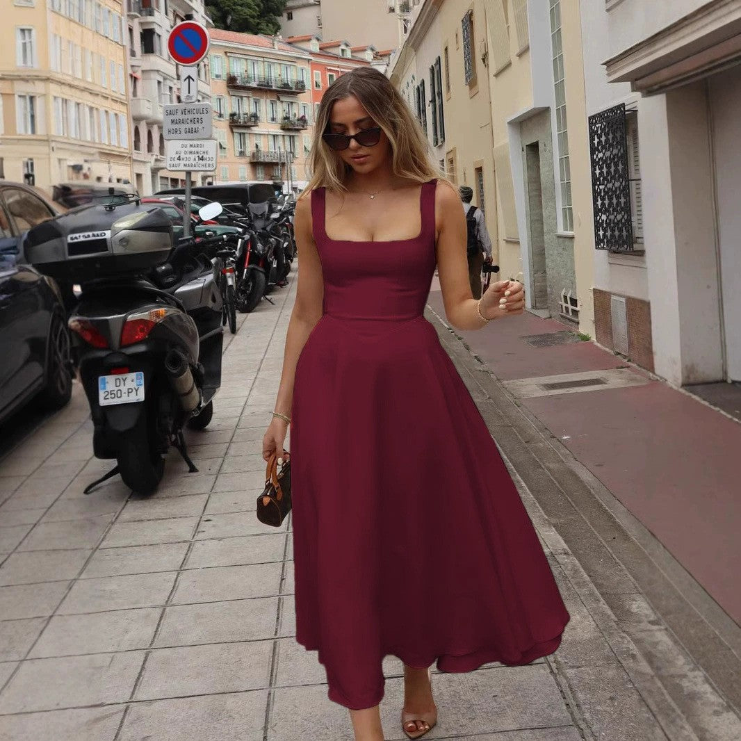 Damen Maxikleid mit quadratischen Ausschnitten und fließendem Rock WW