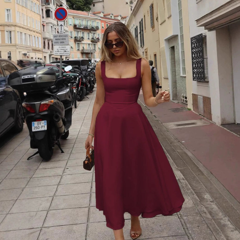 Damen Maxikleid mit quadratischen Ausschnitten und fließendem Rock WW