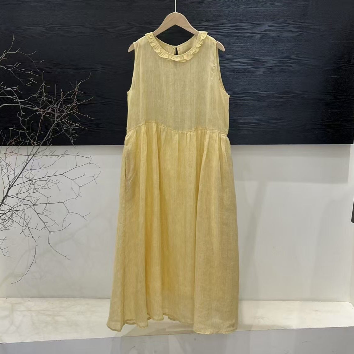 Damen Relaxed Fit Rüsch-Leinen-Maxi-Kleid WW