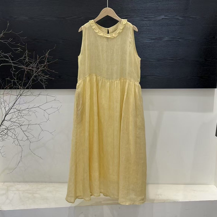 Damen Relaxed Fit Rüsch-Leinen-Maxi-Kleid WW