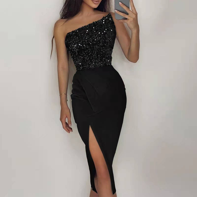 Damen Abendkleid mit asymmetrischem Design und funkelnden Pailletten WW