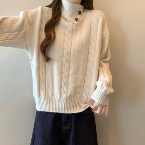 Damen Strickpullover mit Stehkragen und Zopfmuster WW