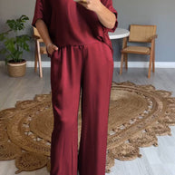 WW | Einfarbiger, seidiger V-Ausschnitt lässiger Anzug