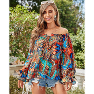 Damen Off-Shoulder Bluse mit buntem Muster und elastischem Saum WW