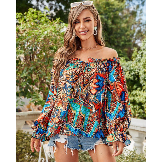 Damen Off-Shoulder Bluse mit buntem Muster und elastischem Saum WW