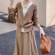 Damen Strickensemble mit eleganter Blusenoptik und weitem Rock WW