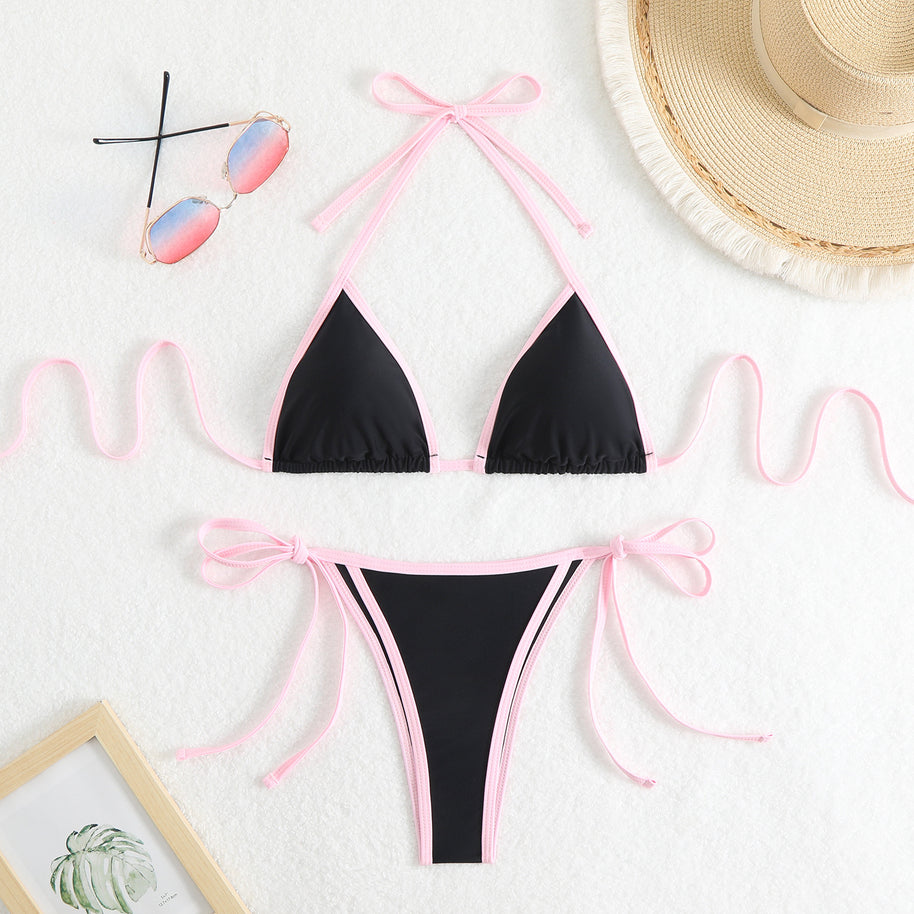 Damen Triangel-Bikini-Set mit verstellbaren Schleifen und kontrastierenden Akzenten WW