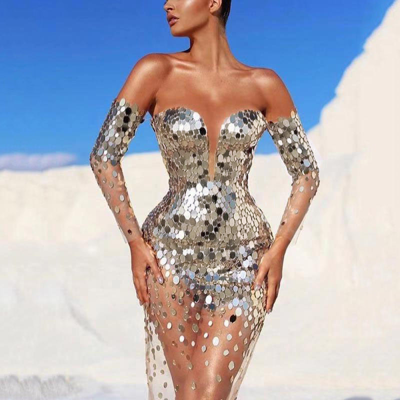 Damen Glamouröses Partykleid mit Pailletten und tiefem Ausschnitt W&W Mode