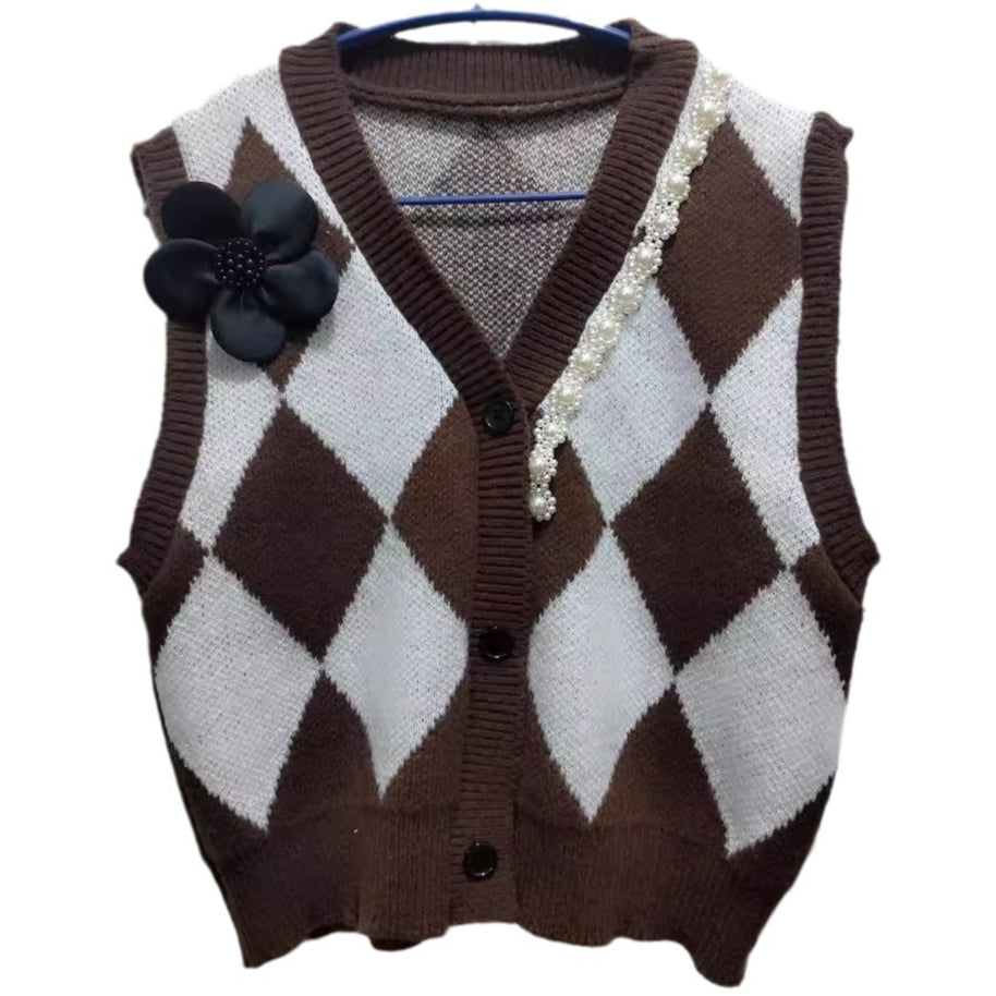 Damen Strickweste mit modernem Rautenmuster und eleganter Knopfdetail WW