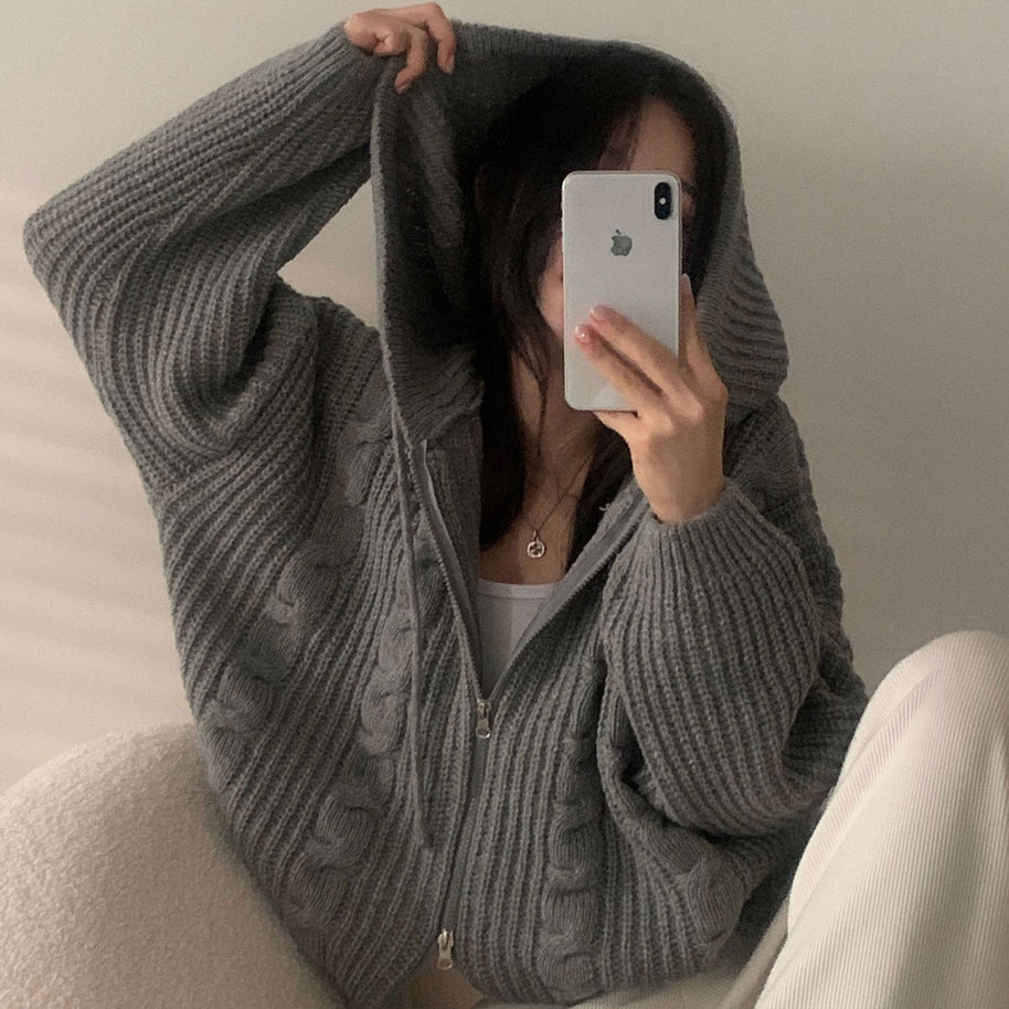 Damen Bequemer Strickjacke mit Kapuze und Reißverschluss WW