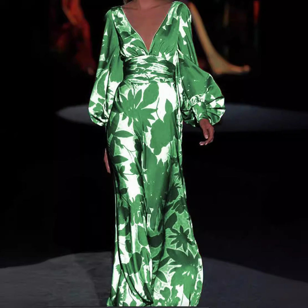 Damen Elegantes Maxi-Jumpsuit mit floralen Mustern und tiefem V-Ausschnitt W&W Mode