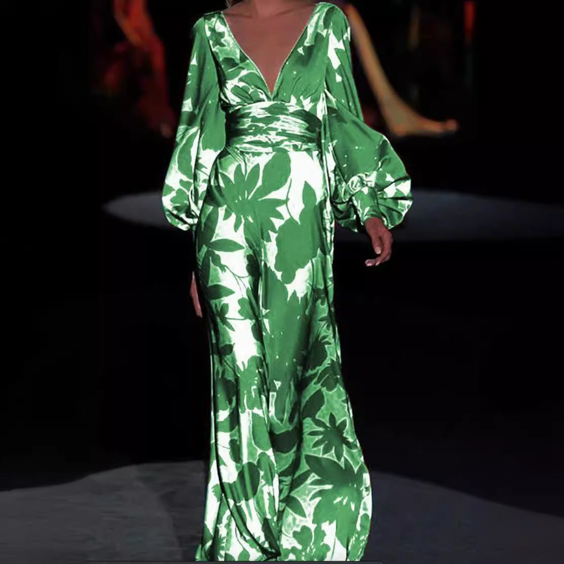Damen Elegantes Maxi-Jumpsuit mit floralen Mustern und tiefem V-Ausschnitt WW