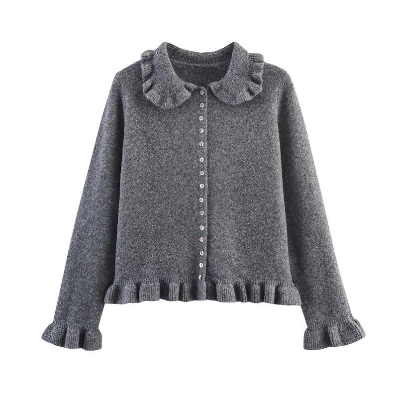 Damen Strickjacke mit frillenden Abschlüssen und dekorativem Kragen WW