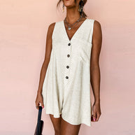 Damen ärmelloser Jumpsuit mit schmeichelndem V-Ausschnitt und praktischen Knopfdetails WW