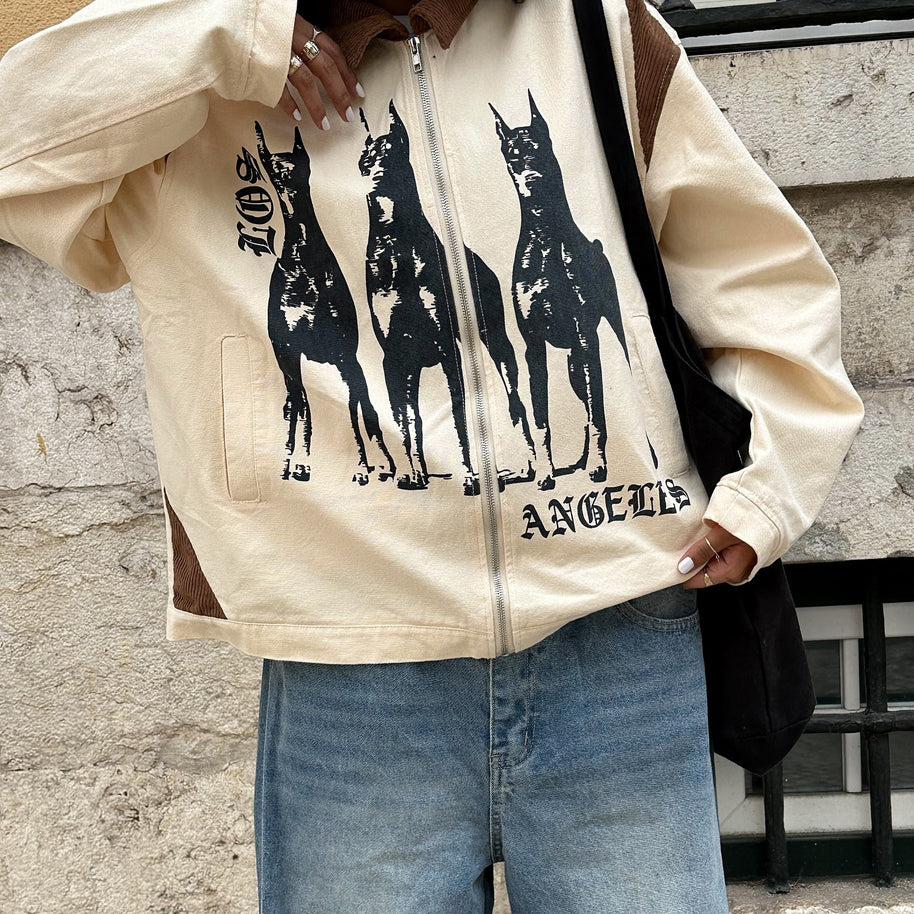 Damen Streetwear-Jacke mit einzigartigem Hunde-Print und lässigen Schnitten WW