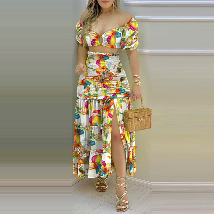 Damen Zweiteiler mit schulterfreiem Crop-Top und schwingendem Rock W&W Mode