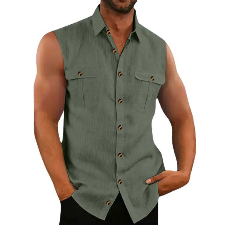 Herren ärmelloses Chambray-Hemd mit Brusttaschen und Knopfdetails WW