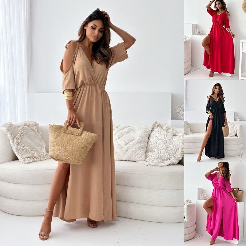 W&W Mode | Satin-Träger-Spitzen-V-Ausschnitt-Langes Kleid