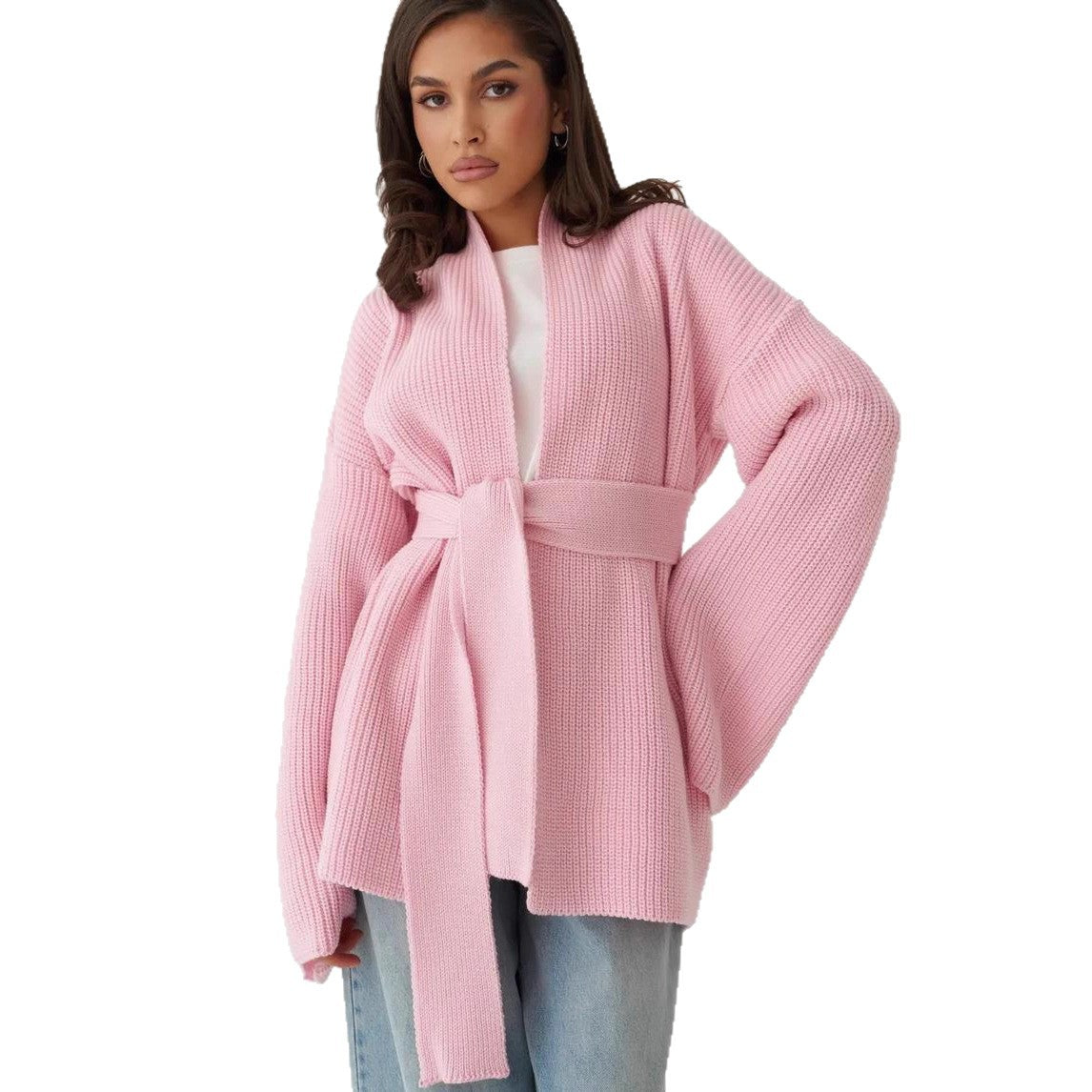 Damen Strickjacke mit Bindegürtel und weit geschnittenen Ärmeln WW