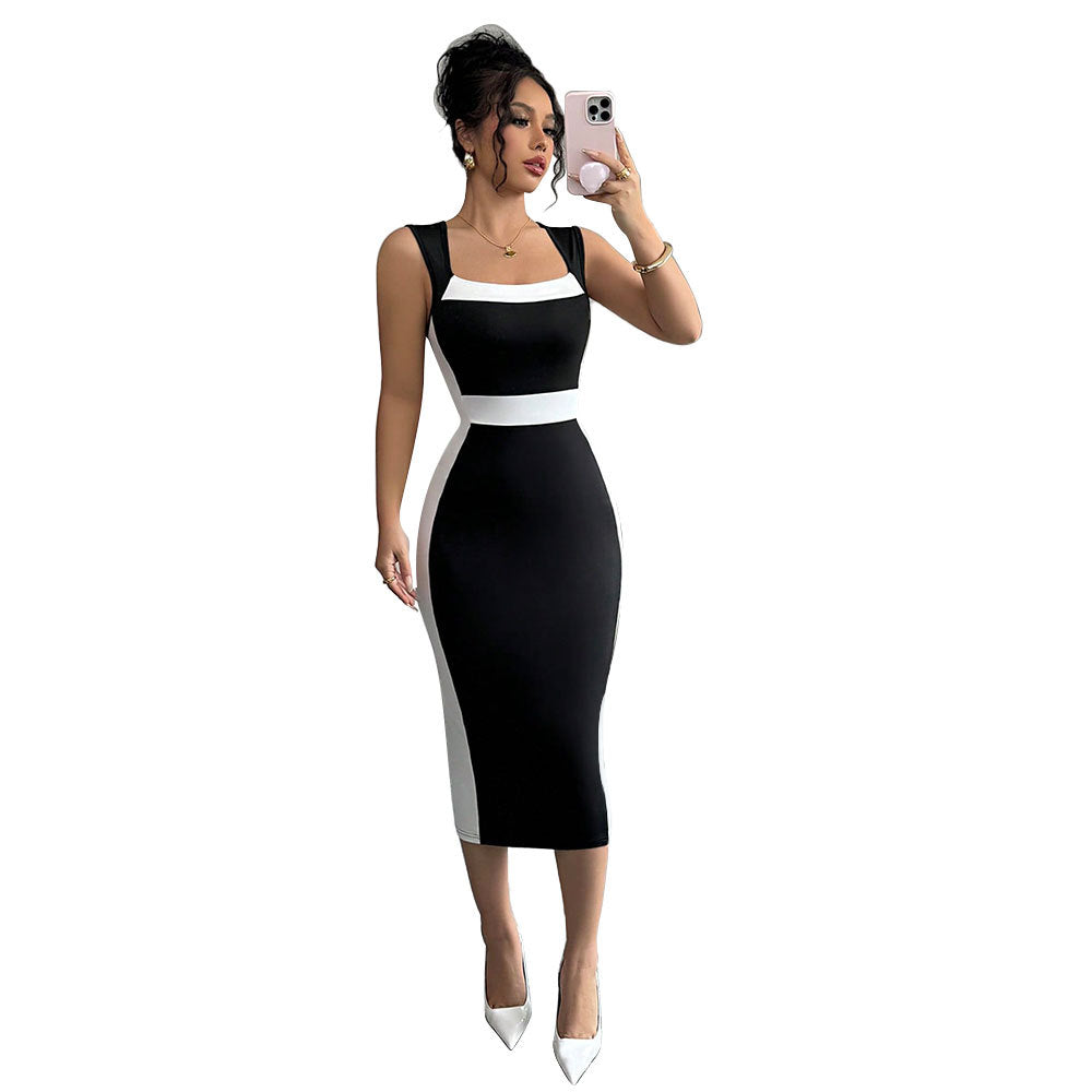 Damen figurbetontes Midi-Kleid mit elegantem Farbkontrast und schickem Ausschnitt W&W Mode