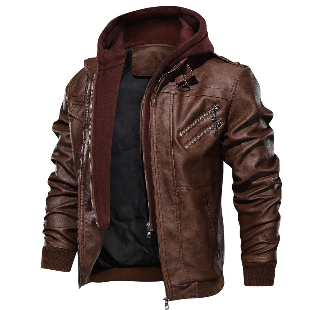 Herren Lederjacke mit abnehmbarem Kapuzenfutter und mehreren praktischen Taschen WW