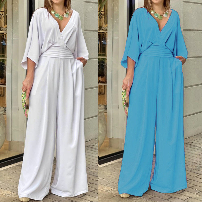 Damen Eleganter Jumpsuit mit weitem Bein und Wickeloberteil W&W Mode