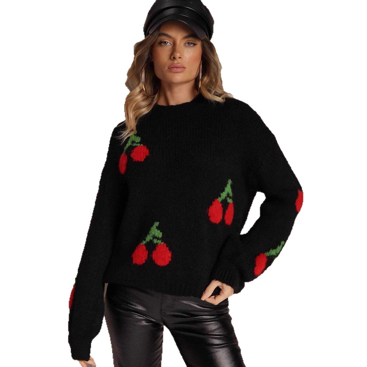 Damen Strickpullover mit fruchtigem Kirschmotiv und lässigem Schnitt WW