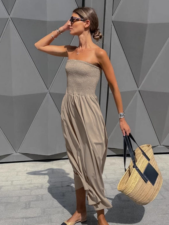 Damen Lange Boho-Strandkleid mit trägerlosem Design und raffiniertem Schnitt WW