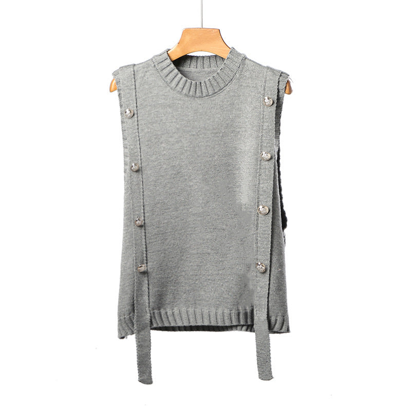 Damen Strickweste mit Knopfverschlüssen und seitlichen Bändern WW