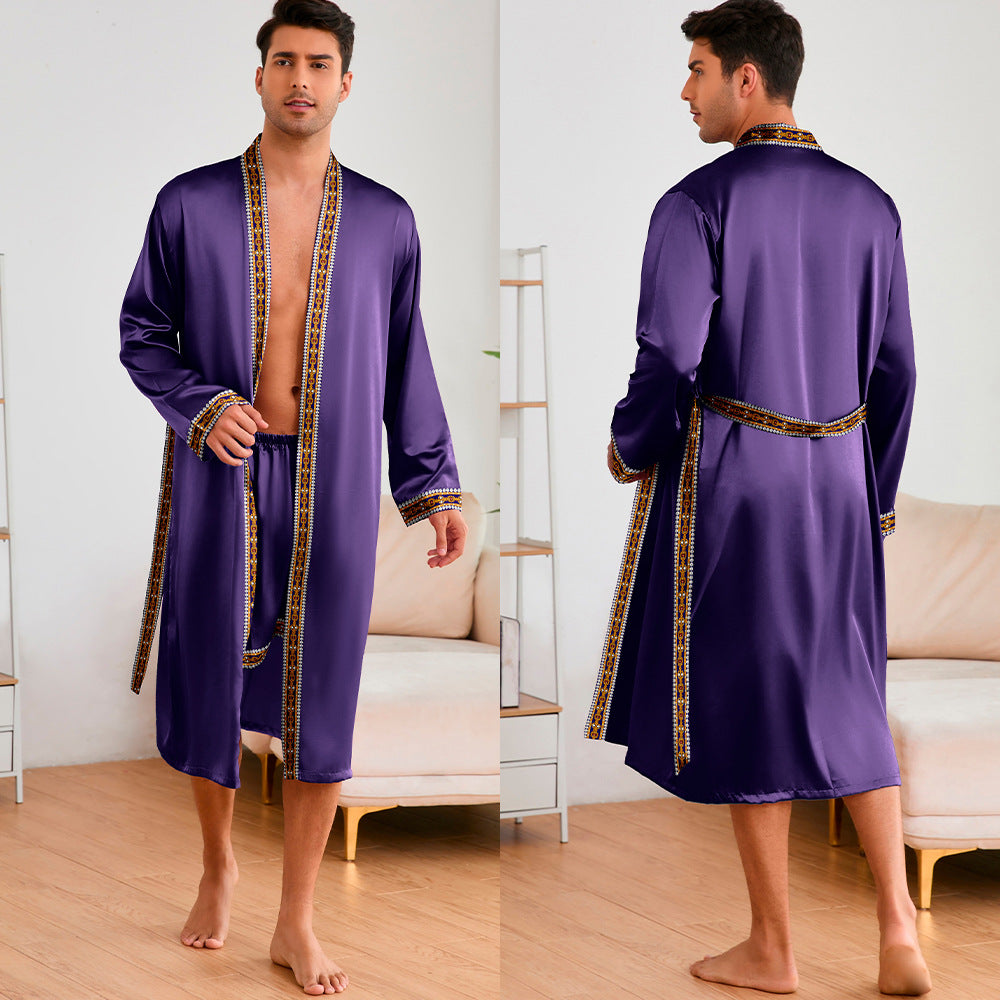 Herren Satin Morgenmantel mit stilvollem Schalkragen und seitlichen Taschen WW