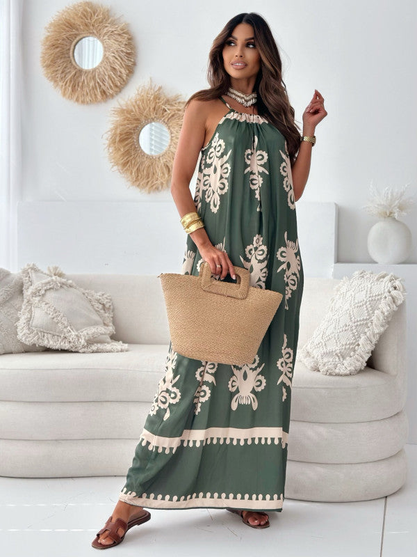 Damen Hals-Würgerei Bohemian Maxi Kleid WW