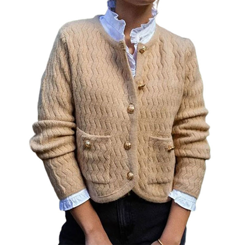 Damen Strickjacke mit strukturiertem Karomuster und dekorativen Knöpfen WW