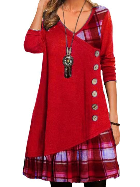 Damen asymmetrisches Freizeitkleid mit kariertem Saum und Knopfdetail WW