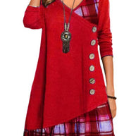 Damen asymmetrisches Freizeitkleid mit kariertem Saum und Knopfdetail WW