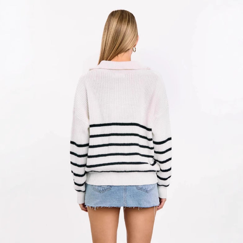 Damen sportlicher Strickpullover mit halbem Reißverschluss und Streifenmuster WW