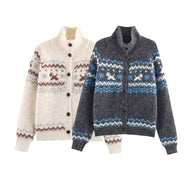 Damen Strickjacke mit traditionellem Muster und hochgeschlossenem Kragen WW
