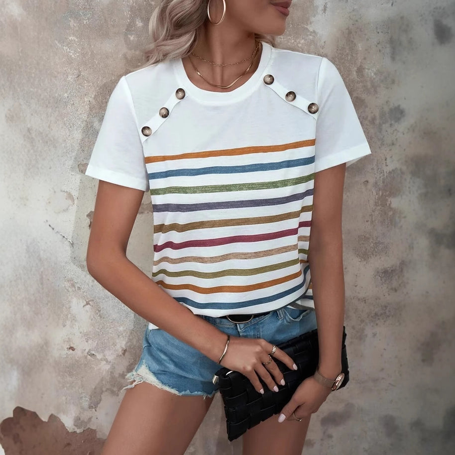 Damen gestreiftes T-Shirt mit modischen Knopfdetails und Rundhalsausschnitt WW