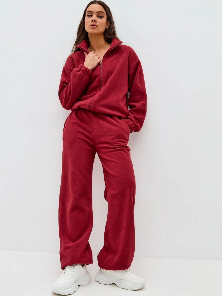 Damen bequemer Fleece-Jogginganzug mit hochschließendem Reißverschluss und weitem Schnitt WW