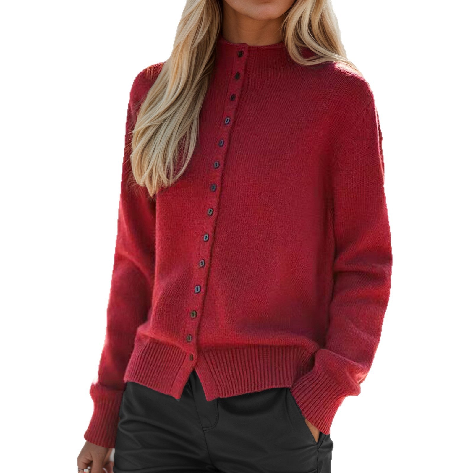 Damen Strickjacke mit dekorativen Knöpfen und hochgeschlossenem Kragen WW