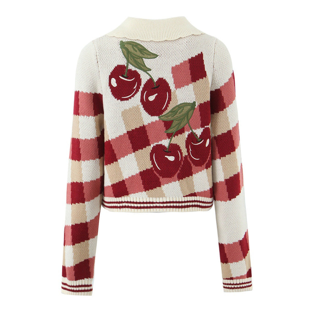 Damen verspielte Cropped Strickjacke mit floralem Kirschmuster W&W Mode