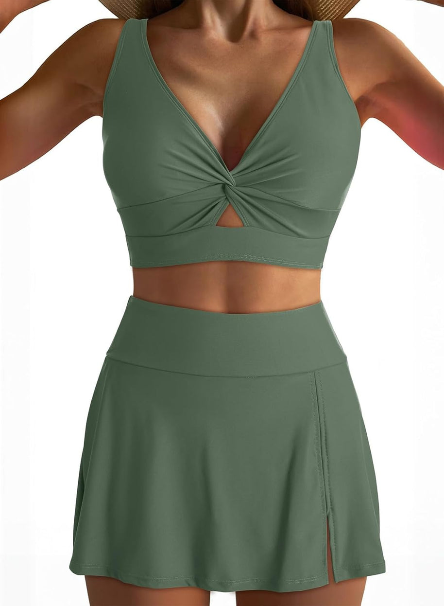 Damen Sportliches Bikini-Set mit modischem Wickeltop und schickem Rock WW