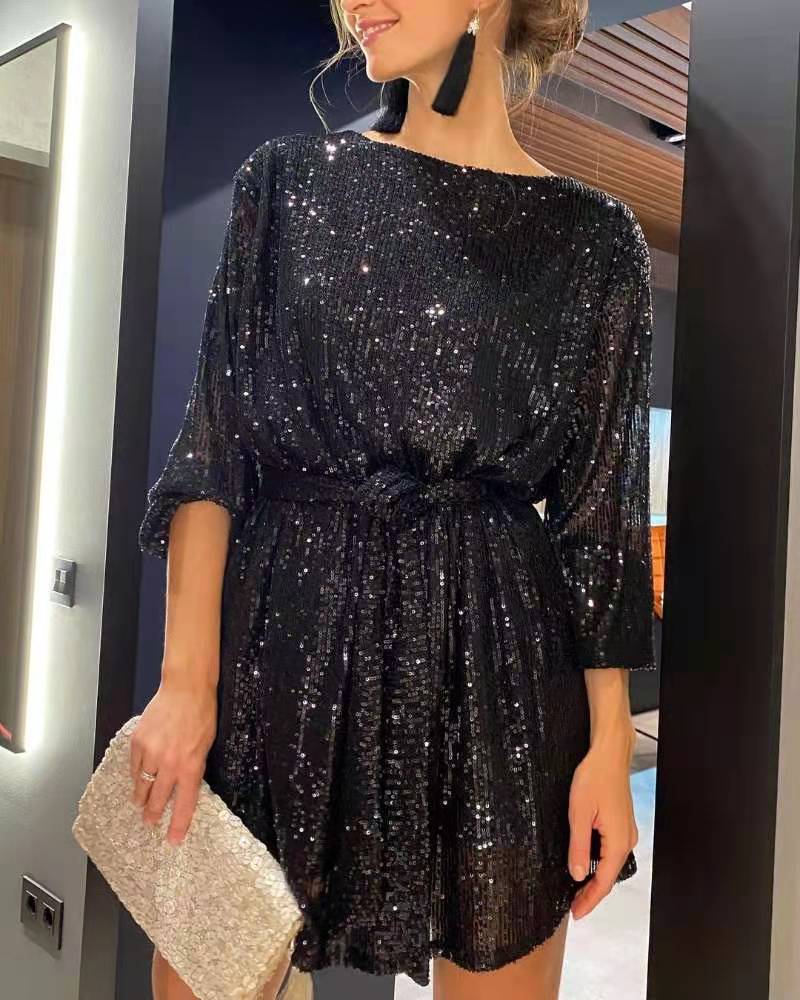 WW | Urlaubsfestmode Pailletten Taillengürtel Kleid