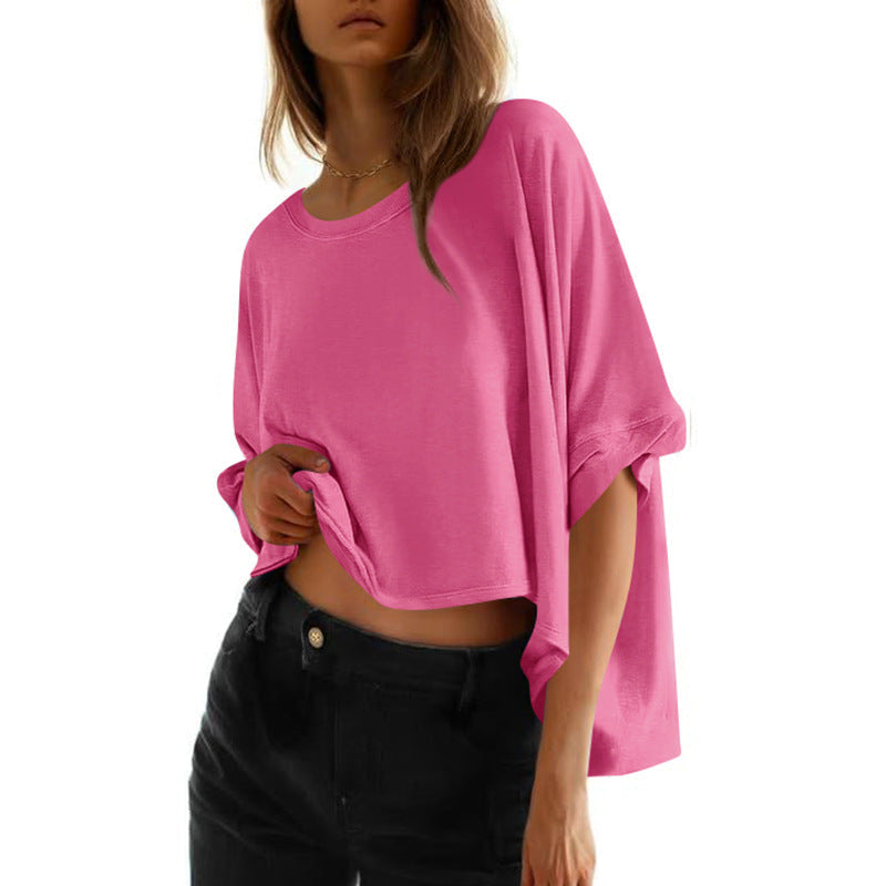 Damen lässiges cropped Oberteil mit weiten Ärmeln und Rundhalsausschnitt W&W Mode