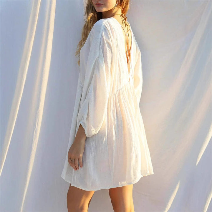 Damen luftiges Minikleid mit V-Ausschnitt und langen Ärmeln W&W Mode