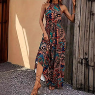 Damen Maxikleid im Boho-Stil mit elegantem Halterneck und seitlichem Bindegürtel WW