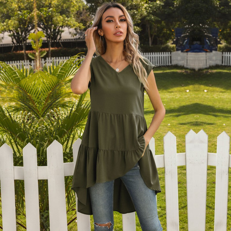 Damen ärmelloses Tunika-Kleid mit asymmetrischem Saum und schickem Volant WW